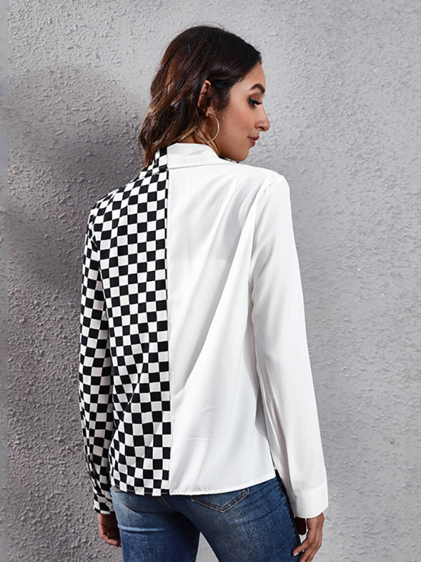 Women's suit collar checkerboard zebra stitched shirt