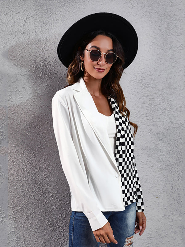 Women's suit collar checkerboard zebra stitched shirt