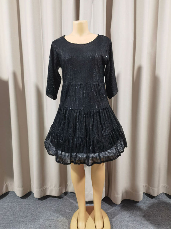 Women's Fashion Solid Color Loose Waist Short Sleeve Short Skirt Sequined Dress Party Banquet Dress