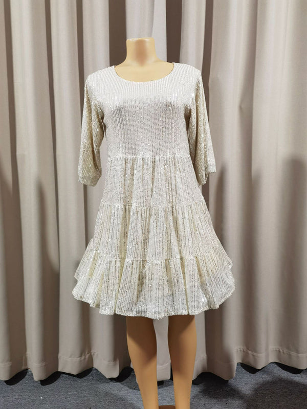 Women's Fashion Solid Color Loose Waist Short Sleeve Short Skirt Sequined Dress Party Banquet Dress