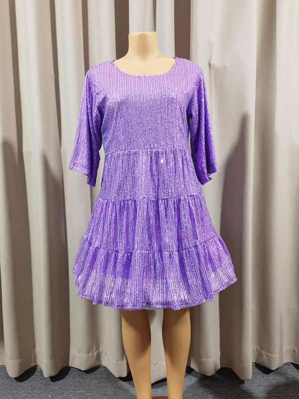 Women's Fashion Solid Color Loose Waist Short Sleeve Short Skirt Sequined Dress Party Banquet Dress