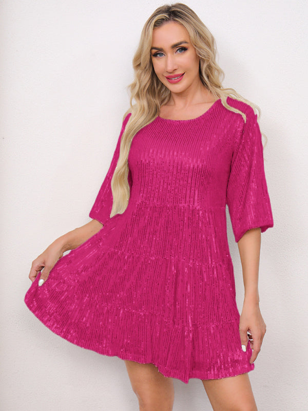 Women's Fashion Solid Color Loose Waist Short Sleeve Short Skirt Sequined Dress Party Banquet Dress