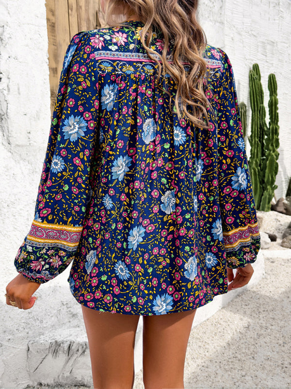 Women's Casual Spring and Summer Vacation Bohemian Print Lace-up Long Sleeve Shirt